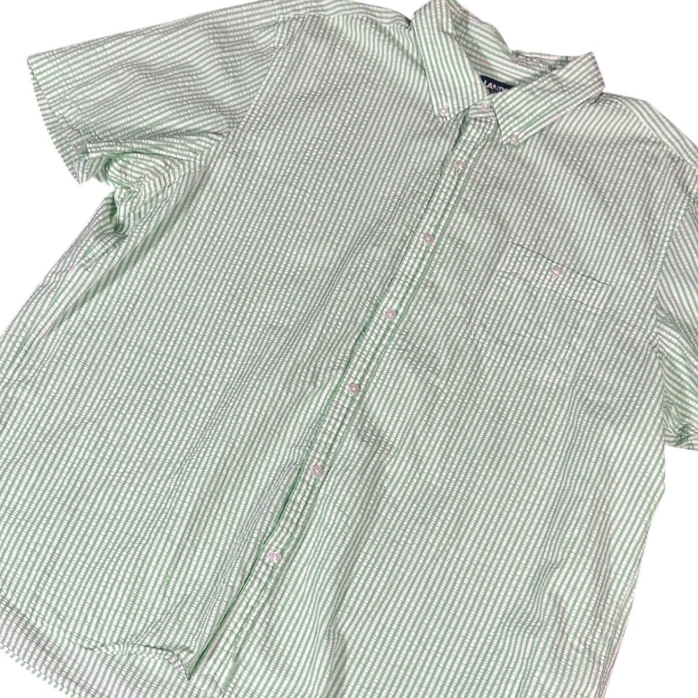 Lands'‎ End Seersucker Shirt Mens XXL Green White Striped Button Down